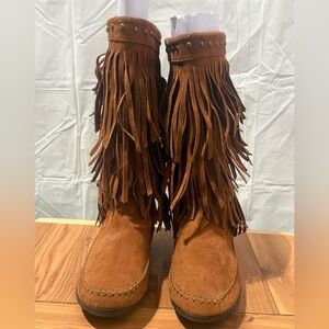 Rampage Brown Suede Fringe Heeled Boots